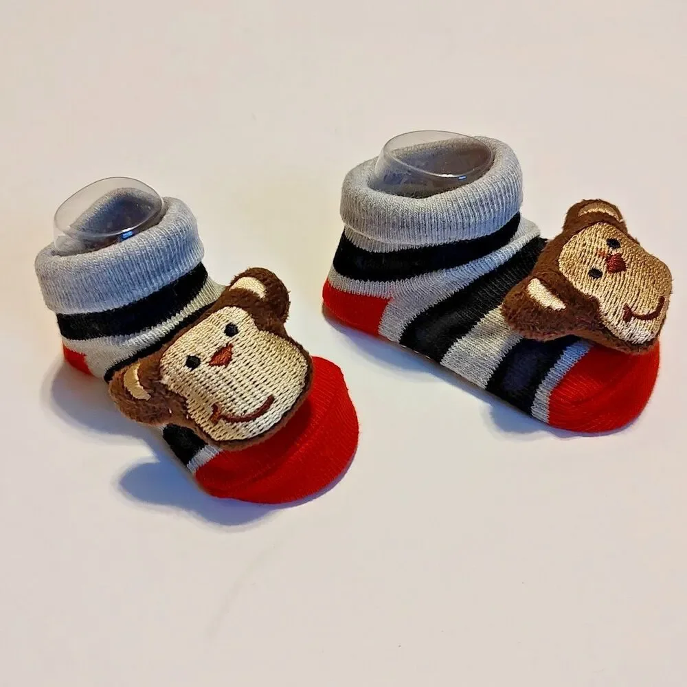 Monkey Head Face Infant Newborn Baby Texture Grip Socks Multicolor Strips NEW